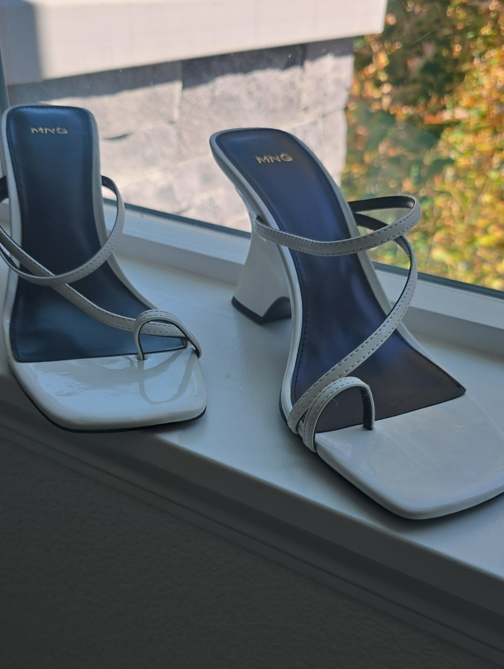 Mango White Patent Strappy Square-Toe Block Heel Sandals